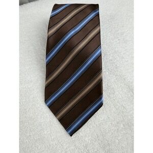 Italo Ferretti Mens 100% Silk Tie Brown Blue Striped Handmade Italy Silvi Marina